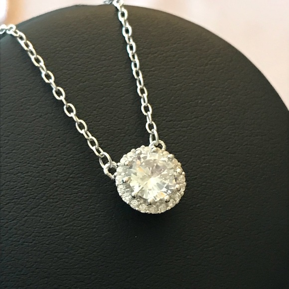 Sterling Silver Cz Halo Solitaire Necklace - Picture 4 of 8